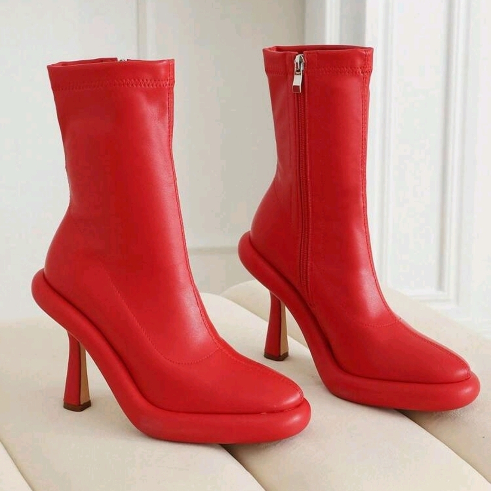 Red Sculpted Heel Sock Boots - Women's Fashion Booties - Picture 2 of 4